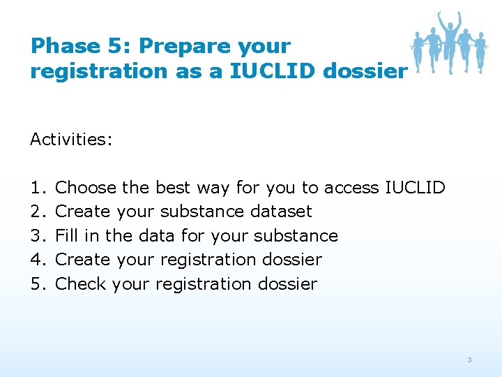 Phase 5: Prepare your registration as a IUCLID dossier Activities: 1. 2. 3. 4. Phase 5: Prepare your registration as a IUCLID dossier Activities: 1. 2. 3. 4.