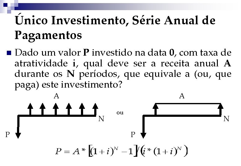 Único Investimento, Série Anual de Pagamentos n Dado um valor P investido na data