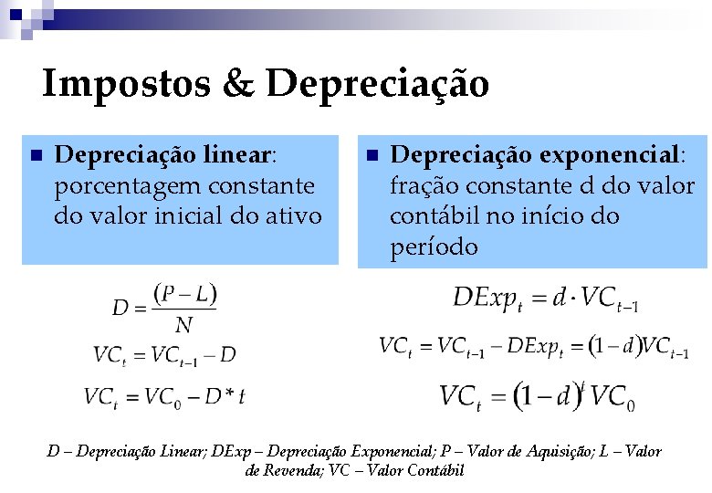 Impostos & Depreciação n Depreciação linear: porcentagem constante do valor inicial do ativo n