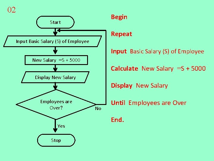 02 Begin Start Repeat Input Basic Salary (S) of Employee New Salary =S +