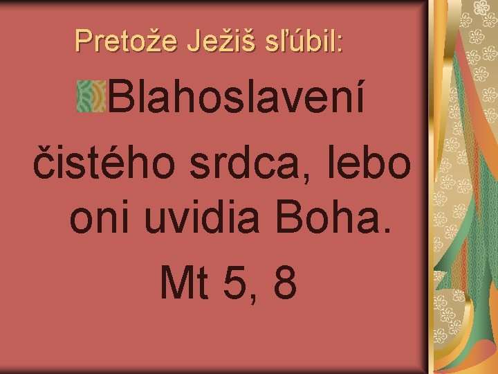 Pretože Ježiš sľúbil: Blahoslavení čistého srdca, lebo oni uvidia Boha. Mt 5, 8 