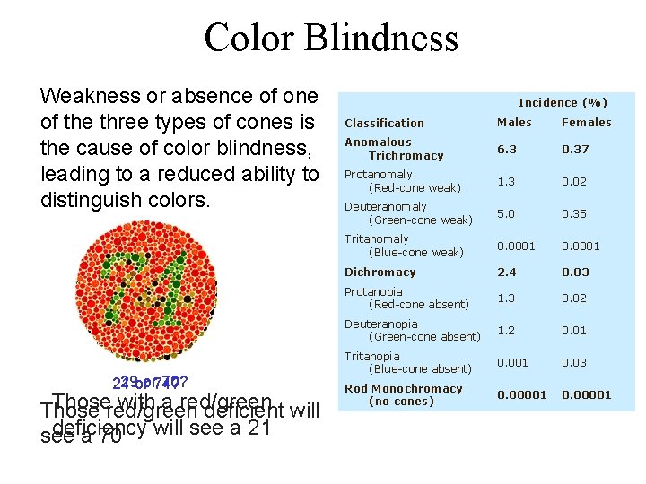 Color Blindness Weakness or absence of one of the three types of cones is