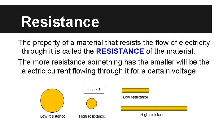 Resistance The property of a material that resists the flow of electricity through it