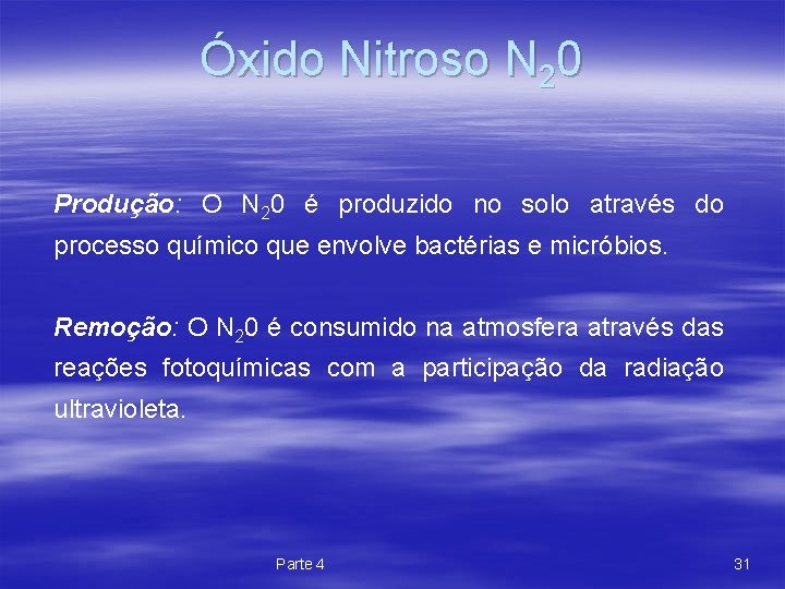 Óxido Nitroso N 20 Produção: O N 20 é produzido no solo através do