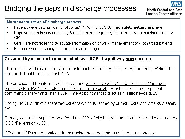Bridging the gaps in discharge processes No standardization of discharge process § Patients were