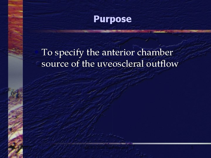 Purpose • To specify the anterior chamber source of the uveoscleral outflow 1/2/2022 ASCRS