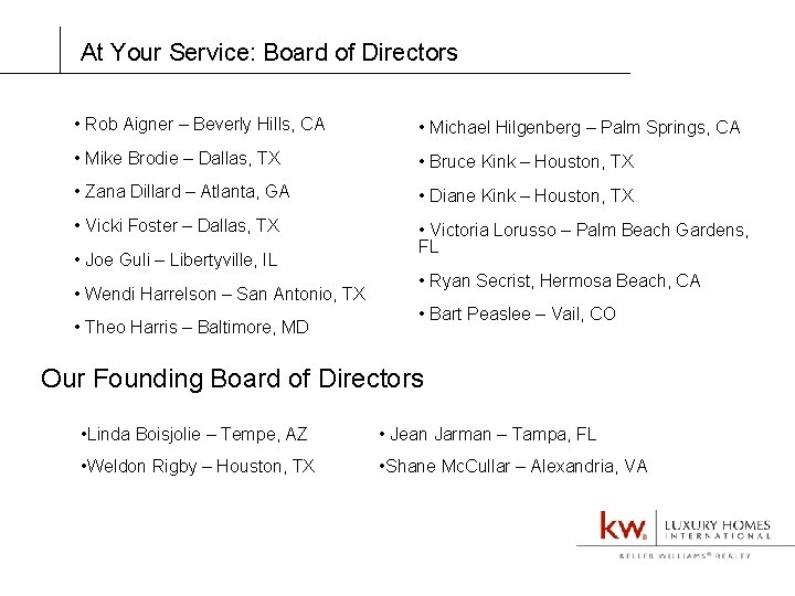 At Your Service: Board of Directors • Rob Aigner – Beverly Hills, CA •
