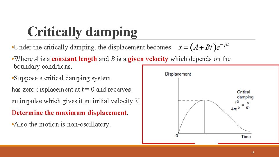 Critically damping • Under the critically damping, the displacement becomes • Where A is