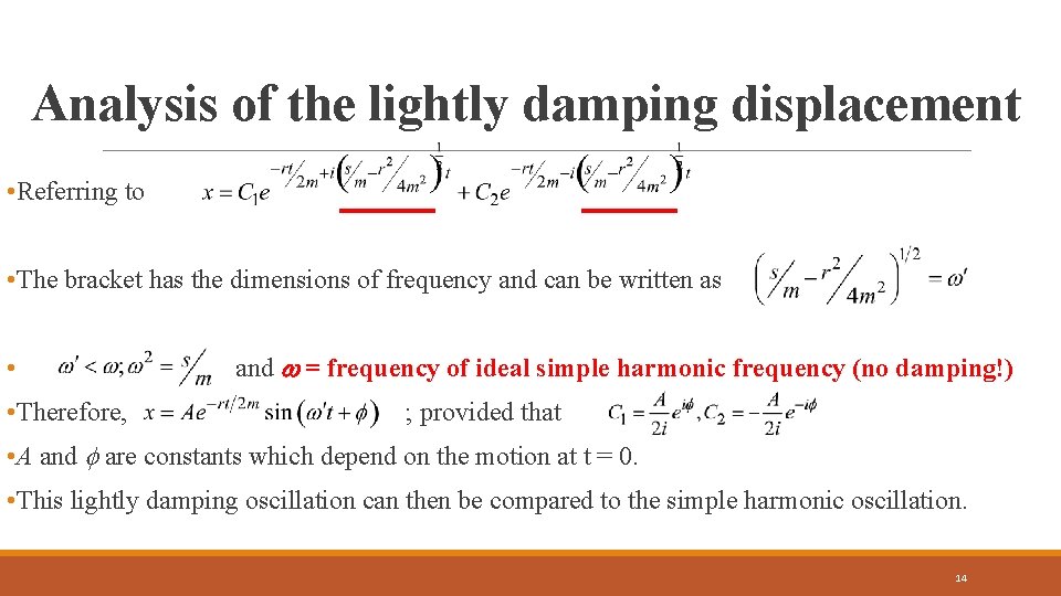 Analysis of the lightly damping displacement • Referring to • The bracket has the