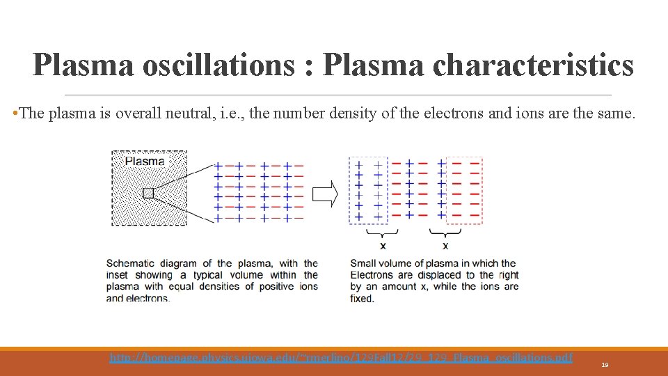 Plasma oscillations : Plasma characteristics • The plasma is overall neutral, i. e. ,