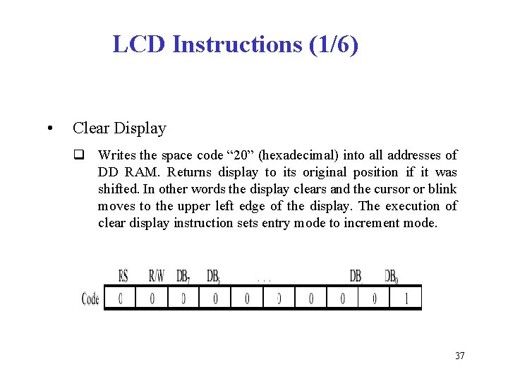 LCD Instructions (1/6) • Clear Display q Writes the space code “ 20” (hexadecimal)