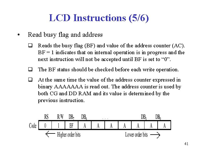 LCD Instructions (5/6) • Read busy flag and address q Reads the busy flag