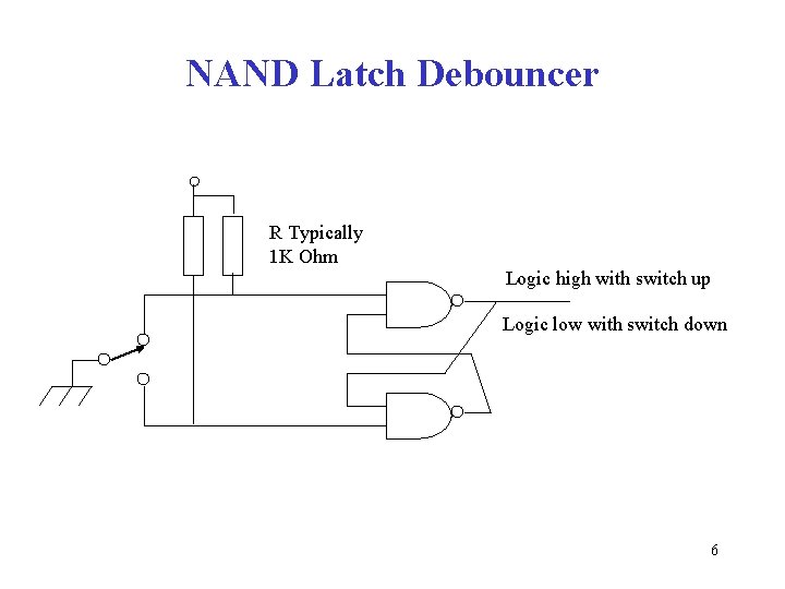 NAND Latch Debouncer R Typically 1 K Ohm Logic high with switch up Logic