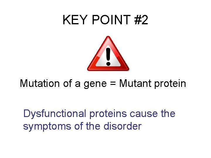 KEY POINT #2 Mutation of a gene = Mutant protein Dysfunctional proteins cause the