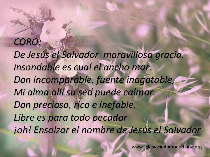 CORO: De Jesús el Salvador maravillosa gracia, insondable es cual el ancho mar. Don