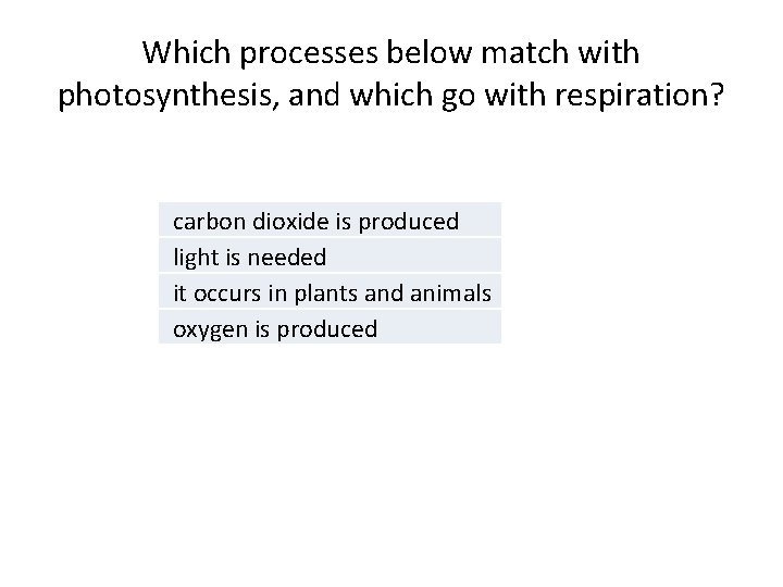 Which processes below match with photosynthesis, and which go with respiration? carbon dioxide is Which processes below match with photosynthesis, and which go with respiration? carbon dioxide is