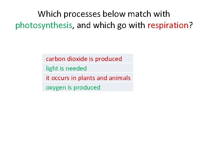Which processes below match with photosynthesis, and which go with respiration? carbon dioxide is Which processes below match with photosynthesis, and which go with respiration? carbon dioxide is
