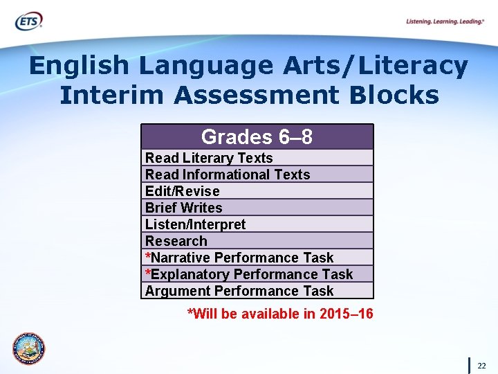 English Language Arts/Literacy Interim Assessment Blocks Grades 6– 8 Read Literary Texts Read Informational