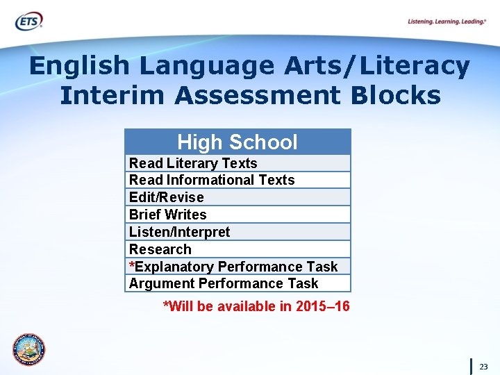 English Language Arts/Literacy Interim Assessment Blocks High School Read Literary Texts Read Informational Texts