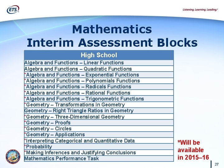 Mathematics Interim Assessment Blocks High School Algebra and Functions – Linear Functions Algebra and