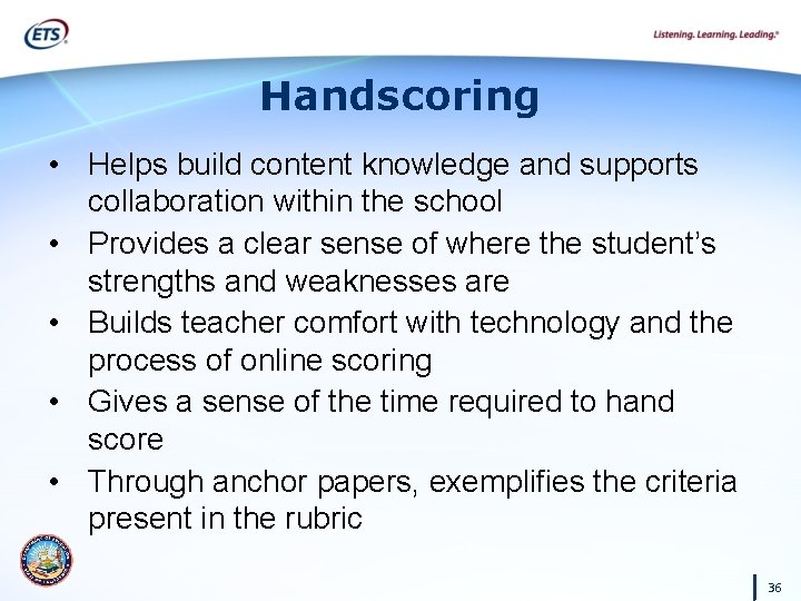 Handscoring • Helps build content knowledge and supports collaboration within the school • Provides