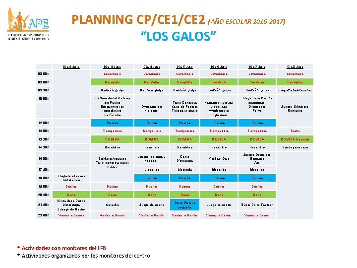 PLANNING CP/CE 1/CE 2 (AÑO ESCOLAR 2016 -2017) “LOS GALOS” Día 3 Julio Día PLANNING CP/CE 1/CE 2 (AÑO ESCOLAR 2016 -2017) “LOS GALOS” Día 3 Julio Día