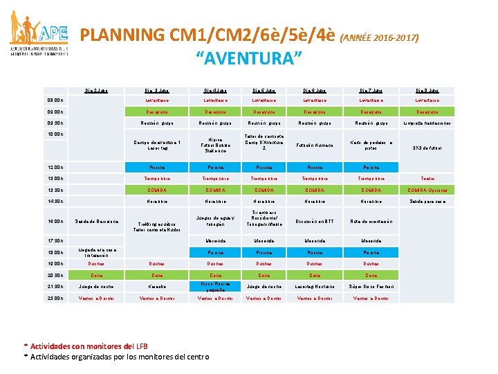 PLANNING CM 1/CM 2/6è/5è/4è (ANNÉE 2016 -2017) “AVENTURA” Día 3 Julio Día 4 Julio PLANNING CM 1/CM 2/6è/5è/4è (ANNÉE 2016 -2017) “AVENTURA” Día 3 Julio Día 4 Julio