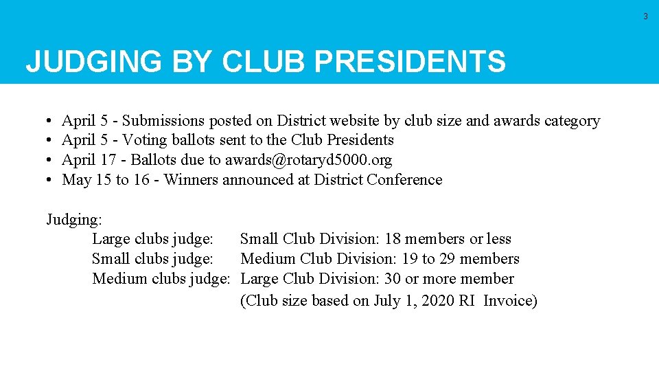 3 JUDGING BY CLUB PRESIDENTS • • April 5 - Submissions posted on District