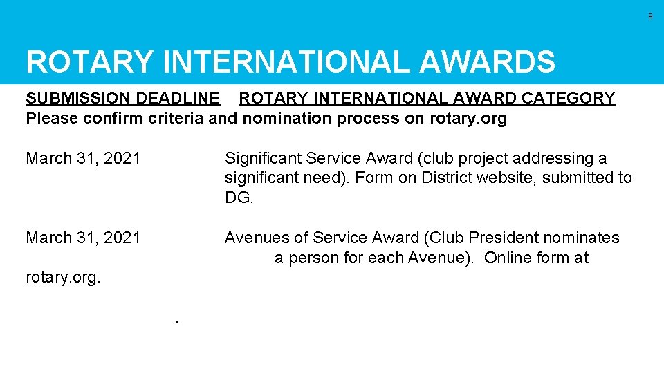 8 ROTARY INTERNATIONAL AWARDS SUBMISSION DEADLINE ROTARY INTERNATIONAL AWARD CATEGORY Please confirm criteria and