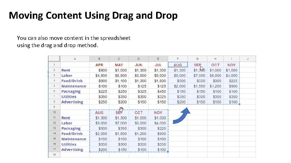 Moving Content Using Drag and Drop You can also move content in the spreadsheet
