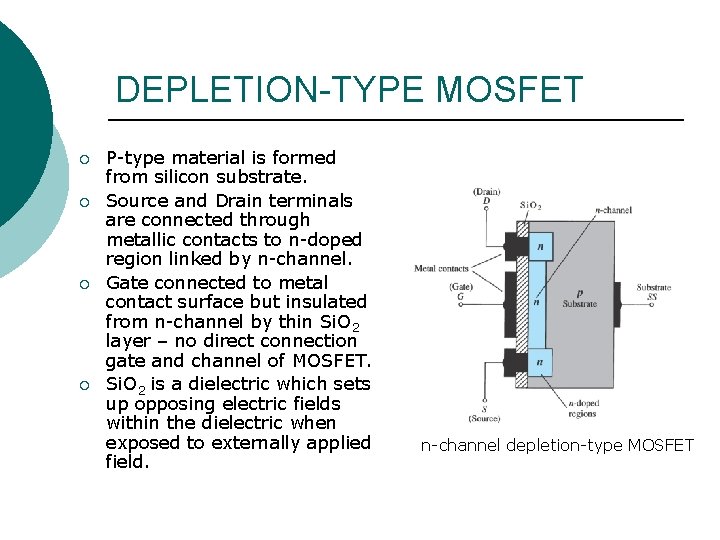 DEPLETION-TYPE MOSFET ¡ ¡ P-type material is formed from silicon substrate. Source and Drain DEPLETION-TYPE MOSFET ¡ ¡ P-type material is formed from silicon substrate. Source and Drain