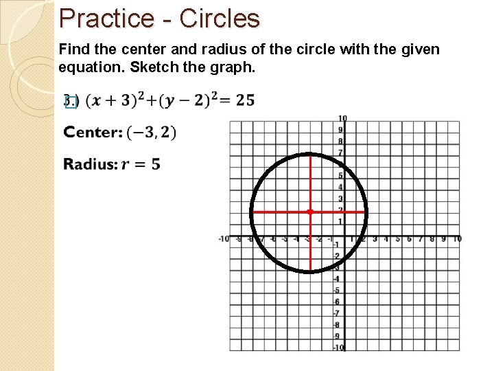 Practice - Circles Find the center and radius of the circle with the given