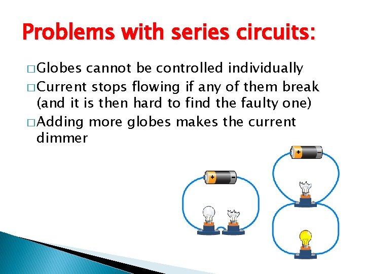 Problems with series circuits: � Globes cannot be controlled individually � Current stops flowing