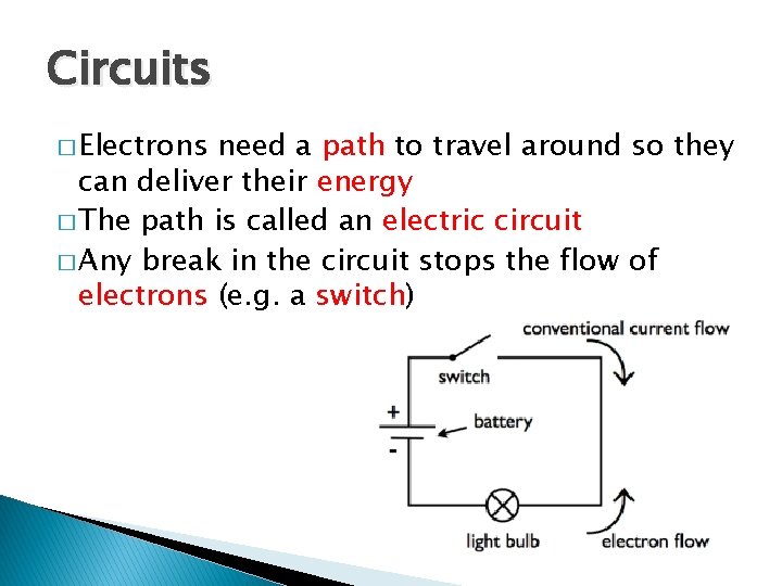 Circuits � Electrons need a path to travel around so they can deliver their