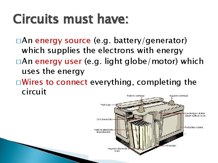 Circuits must have: � An energy source (e. g. battery/generator) which supplies the electrons
