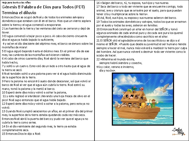 Hoja para leerle a los niños Génesis 8 Palabra de Dios para Todos (PDT)