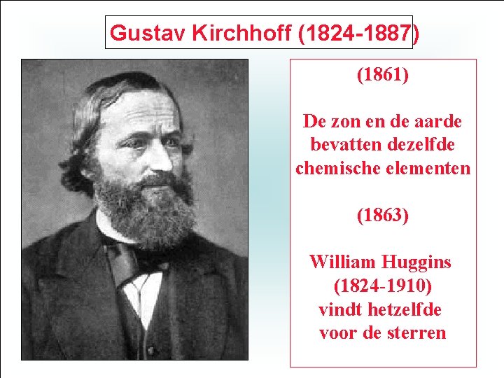 Gustav Kirchhoff (1824 -1887) (1861) De zon en de aarde bevatten dezelfde chemische elementen