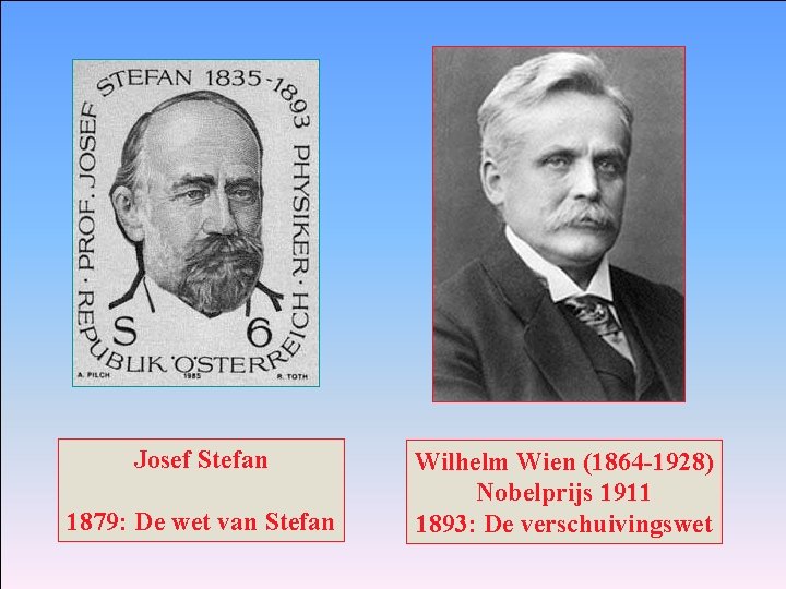 Josef Stefan 1879: De wet van Stefan Wilhelm Wien (1864 -1928) Nobelprijs 1911 1893:
