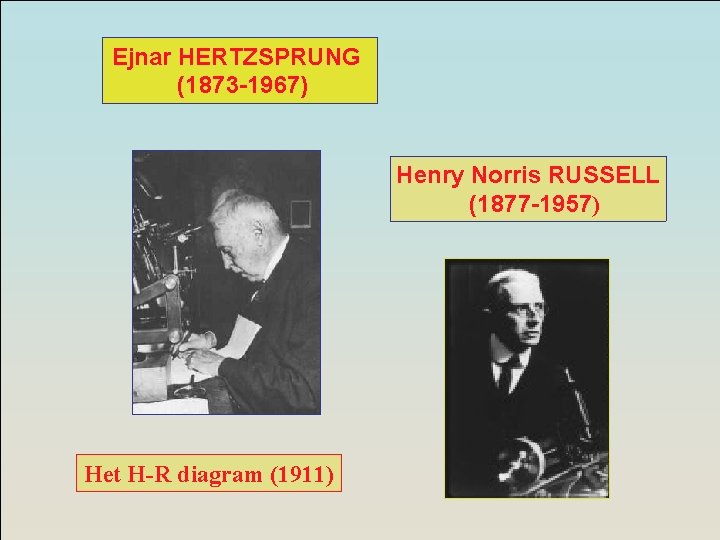Ejnar HERTZSPRUNG (1873 -1967) Henry Norris RUSSELL (1877 -1957) Het H-R diagram (1911) 