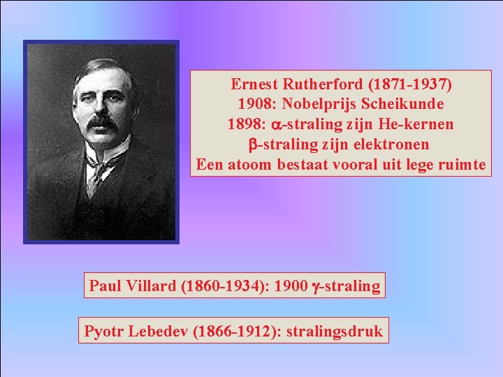 Ernest Rutherford (1871 -1937) 1908: Nobelprijs Scheikunde 1898: a-straling zijn He-kernen b-straling zijn elektronen