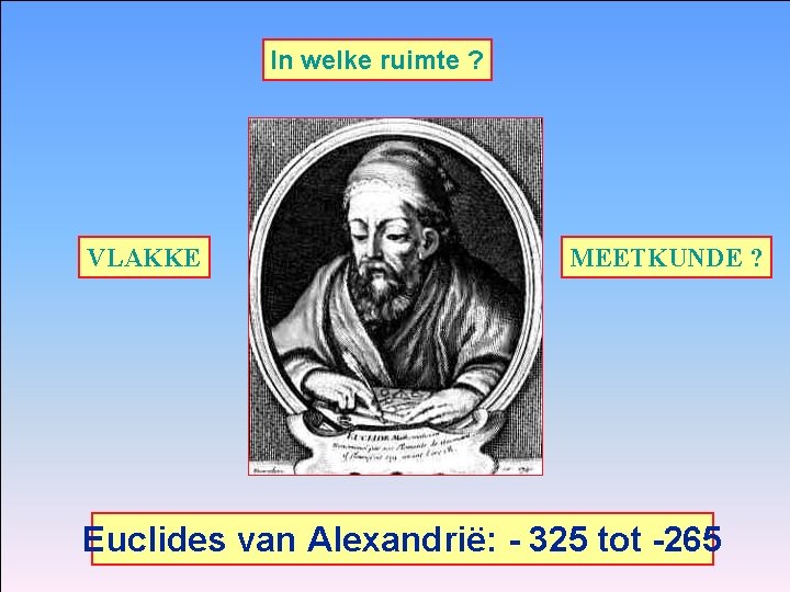 In welke ruimte ? VLAKKE MEETKUNDE ? Euclides van Alexandrië: - 325 tot -265