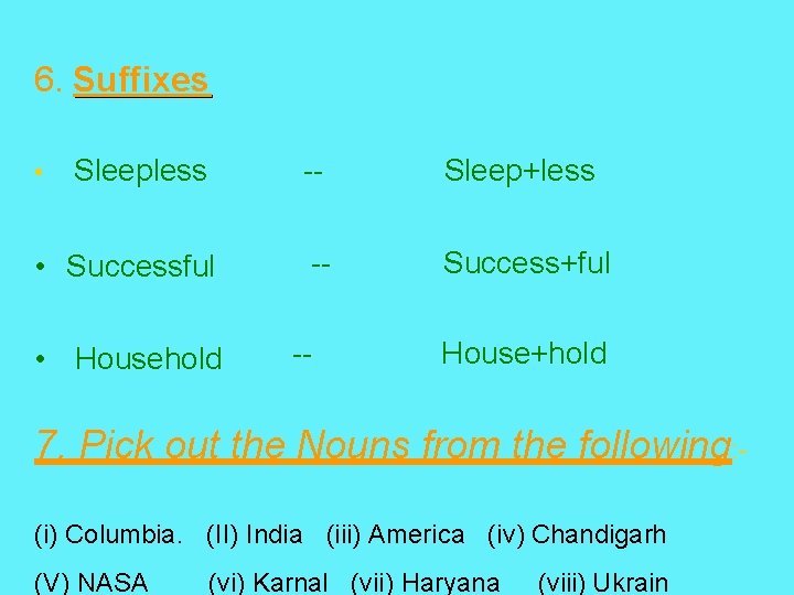 6. Suffixes Sleepless -- Sleep+less • Successful -- Success+ful • • Household -- House+hold