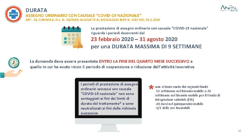 DURATA ASSEGNO ORDINARIO CON CAUSALE “COVID-19 NAZIONALE” ART. 19, COMMA 8, D. L. N.