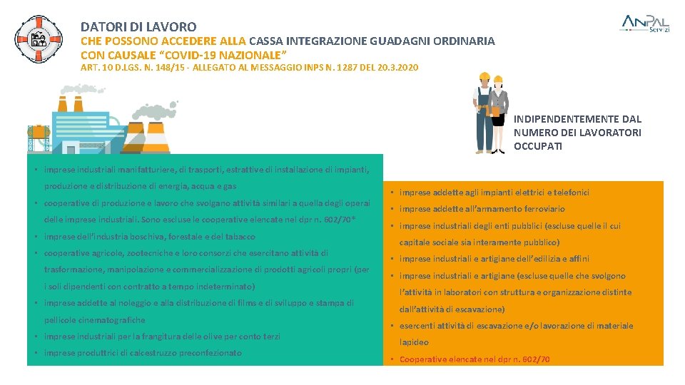 DATORI DI LAVORO CHE POSSONO ACCEDERE ALLA CASSA INTEGRAZIONE GUADAGNI ORDINARIA CON CAUSALE “COVID-19