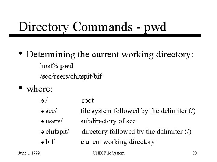 Directory Commands - pwd • Determining the current working directory: host% pwd /scc/users/chitspit/bif •