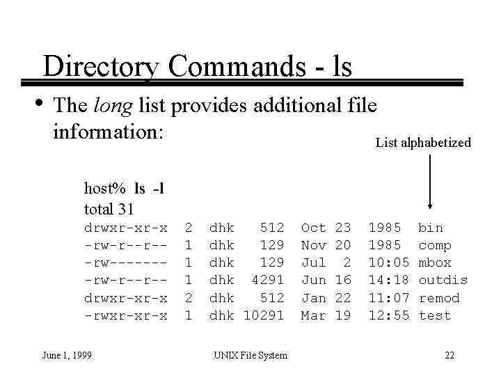 Directory Commands - ls • The long list provides additional file information: List alphabetized