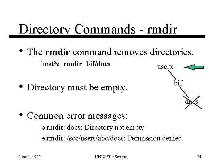 Directory Commands - rmdir • The rmdir command removes directories. host% rmdir bif/docs •