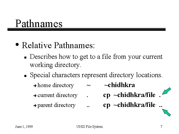 Pathnames • Relative Pathnames: n n Describes how to get to a file from