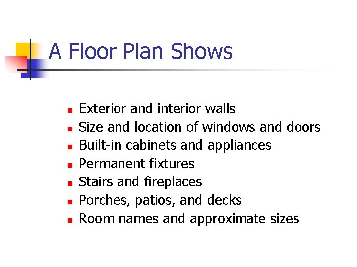 A Floor Plan Shows n n n n Exterior and interior walls Size and