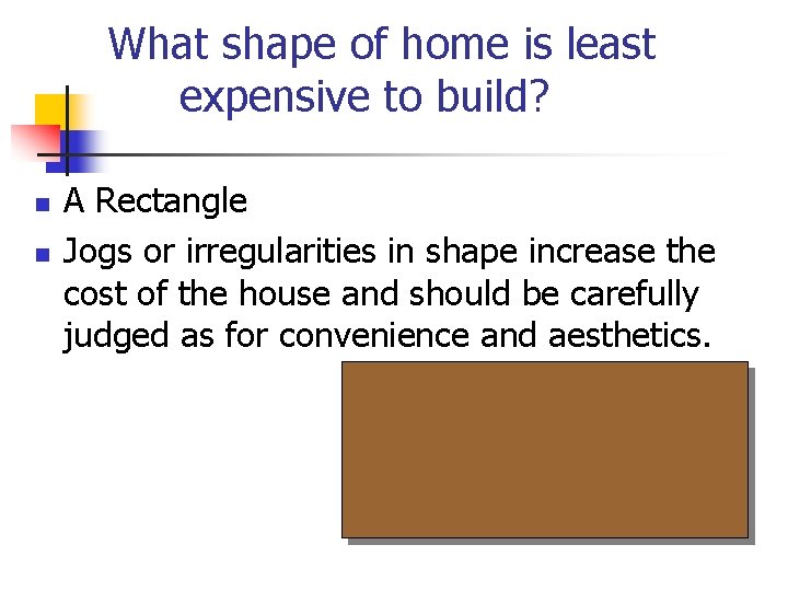 What shape of home is least expensive to build? n n A Rectangle Jogs